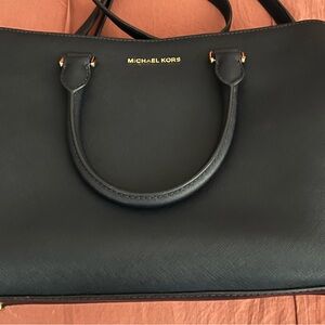 Michael Kors Navy Blue Leather Tote with Gold Logo